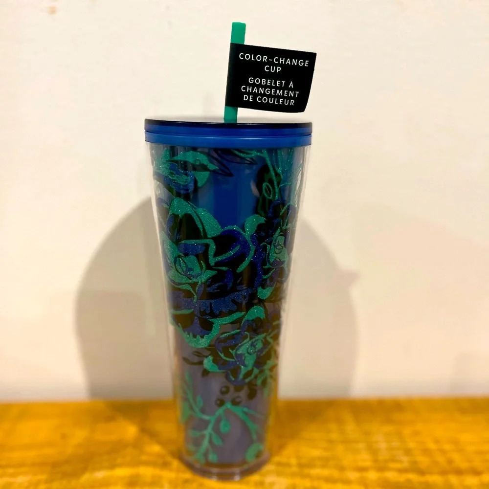 Starbucks brand‎ new blue and sparkling green floral and bird color changing cup